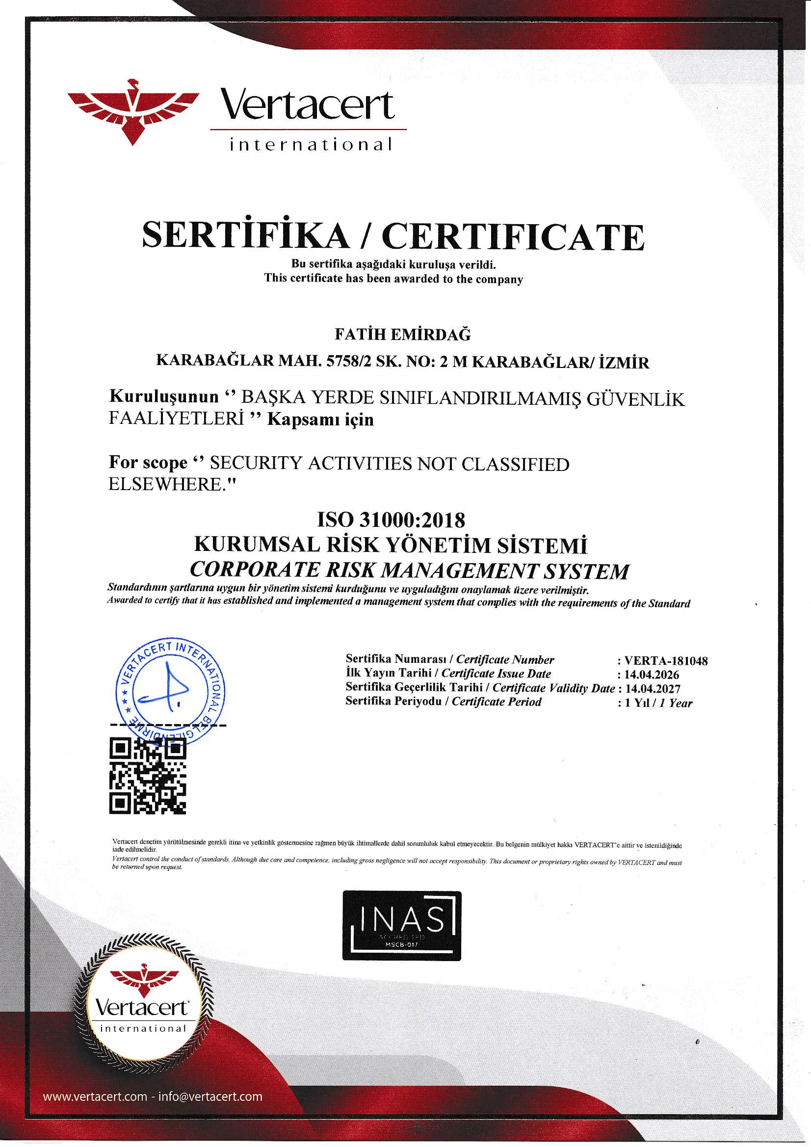 FAEM Elektronik ISO 31000:2018 Kurumsal Risk Yönetim Sistemi belgesi